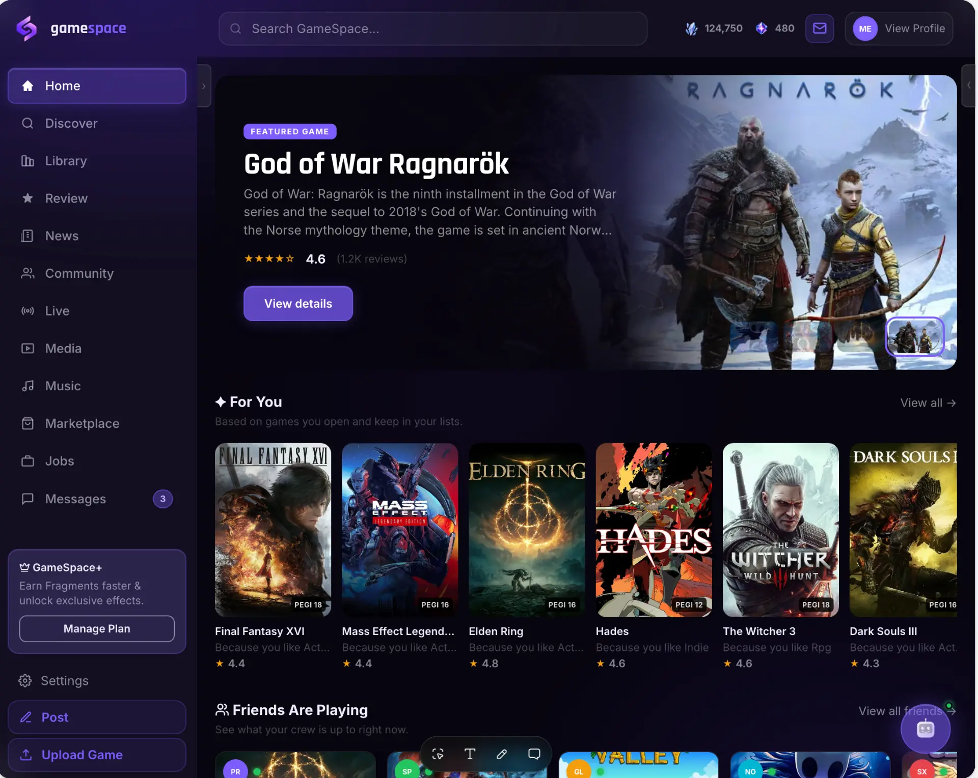 Gamespace app showing a featured God of War Ragnarök game and recommended games