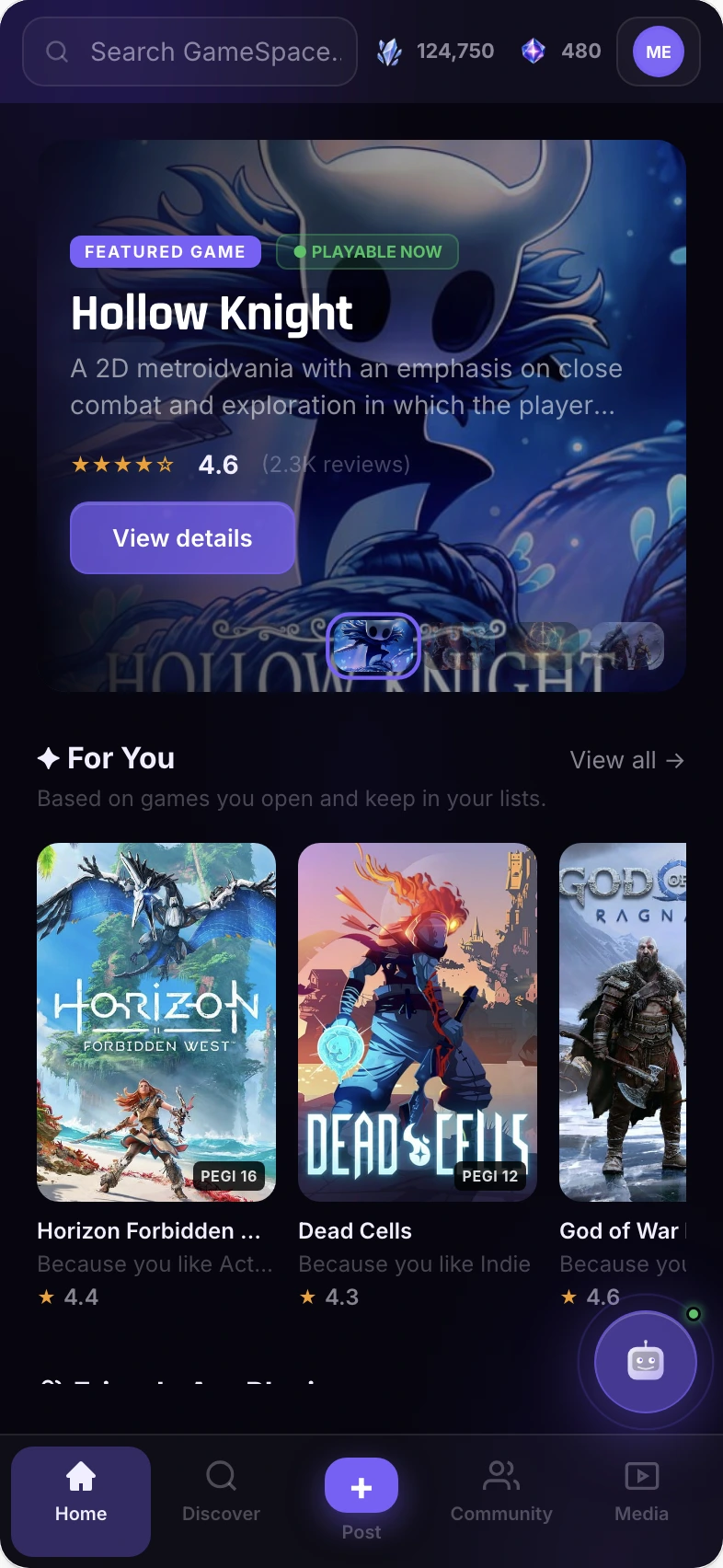 Gamespace app demo showing the featured game Hollow Knight and personalised game recommendations